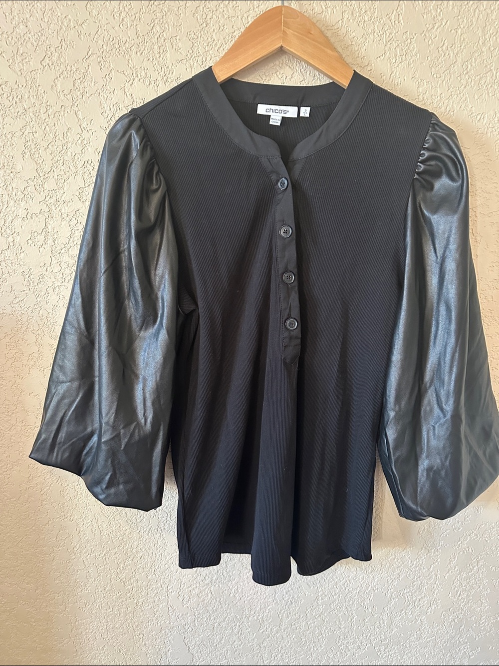 Chico's Black Button-Front Top with Faux-Leather Puff Sleeves